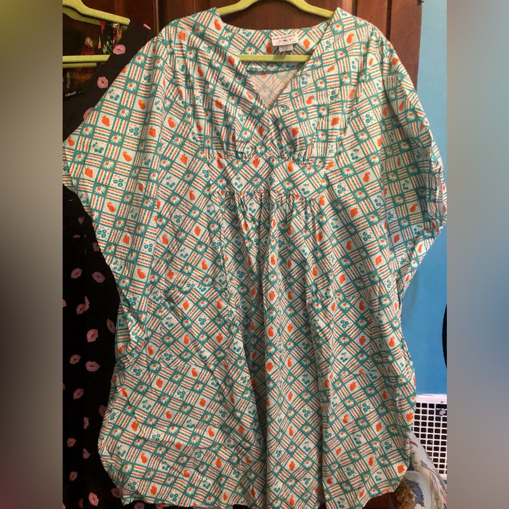 Geometric Print V-Neck Caftan Dress in Teal and Coral 100% Cotton